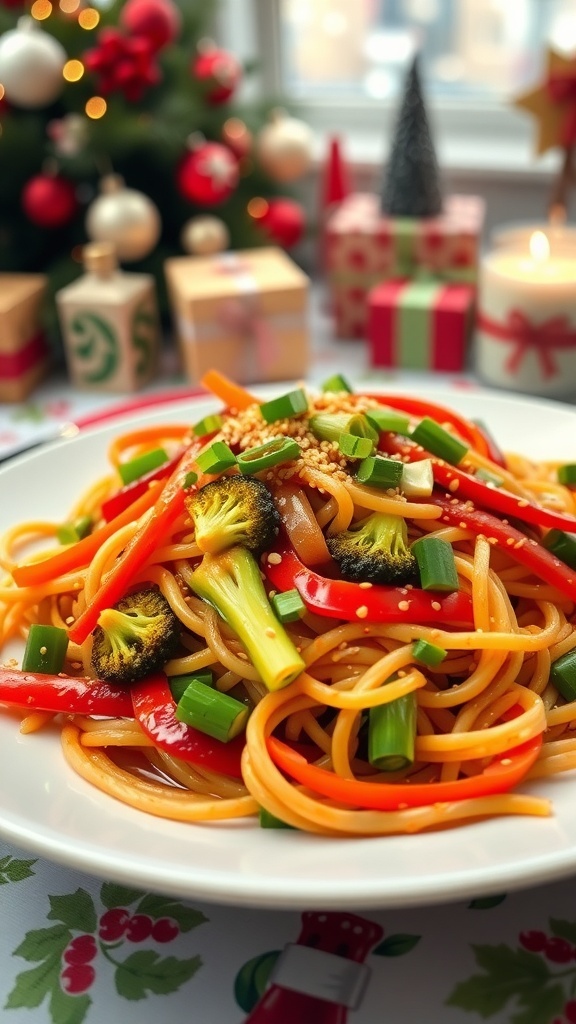 A colorful plate of Christmas noodles with vegetables, garnished with green onions and sesame seeds, on a festive table.